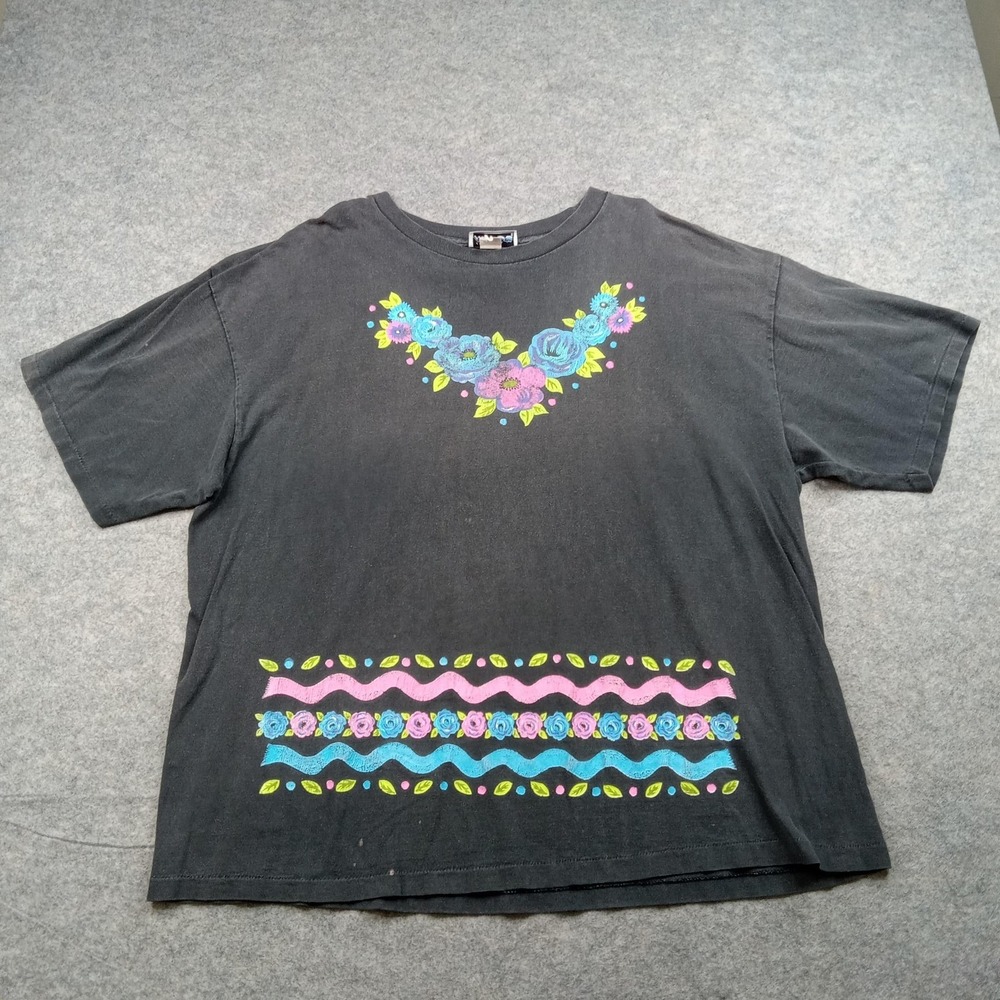 Vintage Jacques Moret Shirt Womens One Size Black Floral Graphic 100% Cotton 90s